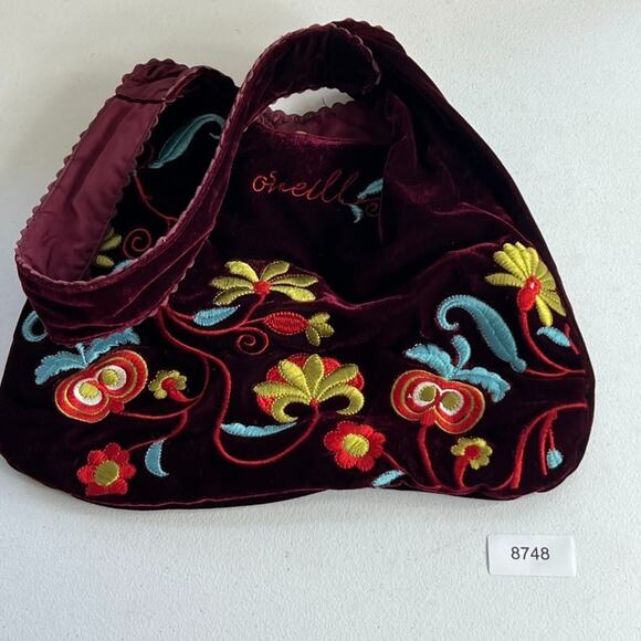 Vintage Oneill Shoulder Purse Maroon Velvet Multicolor Embroidered Flowers - Picture 9 of 12